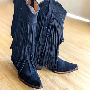 Tanner Mark black suede fringe boot, 8.5
